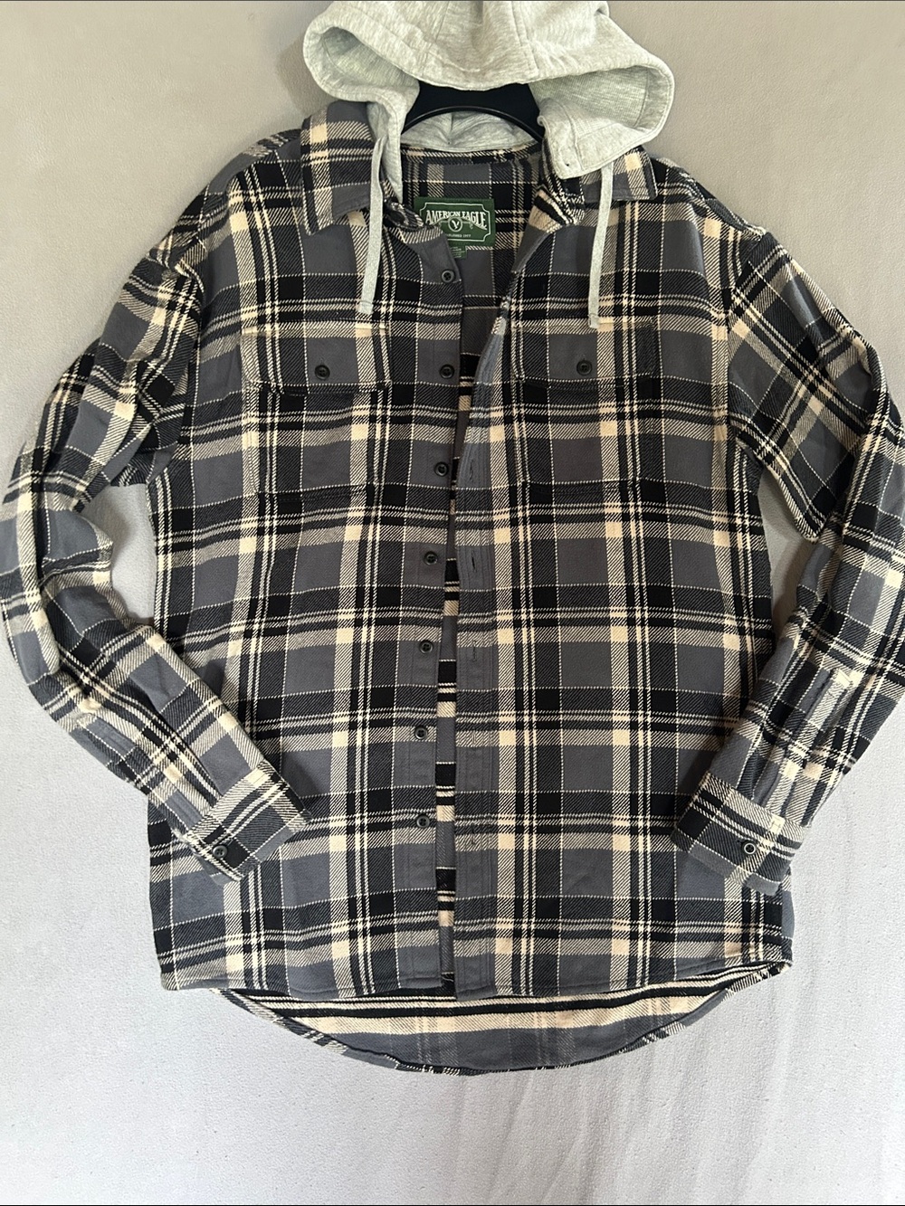 American Eagle Relaxed Fit Hooded Flannel - Black, Cream & Gray - Medium Tall